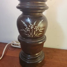 Vintage WALNUT WOOD TURNED Table Lamp w/ Hand Painted Floral Flowers 