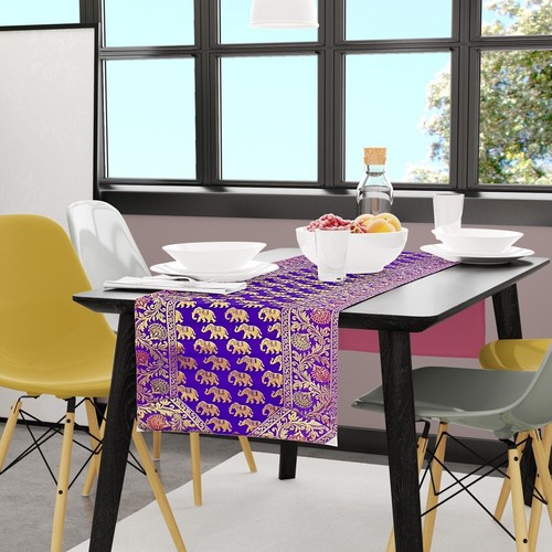 Indian Hand Art Elephant Print Silk Dining Table Runner Birthday Decor 14x80 In - Picture 15 of 25