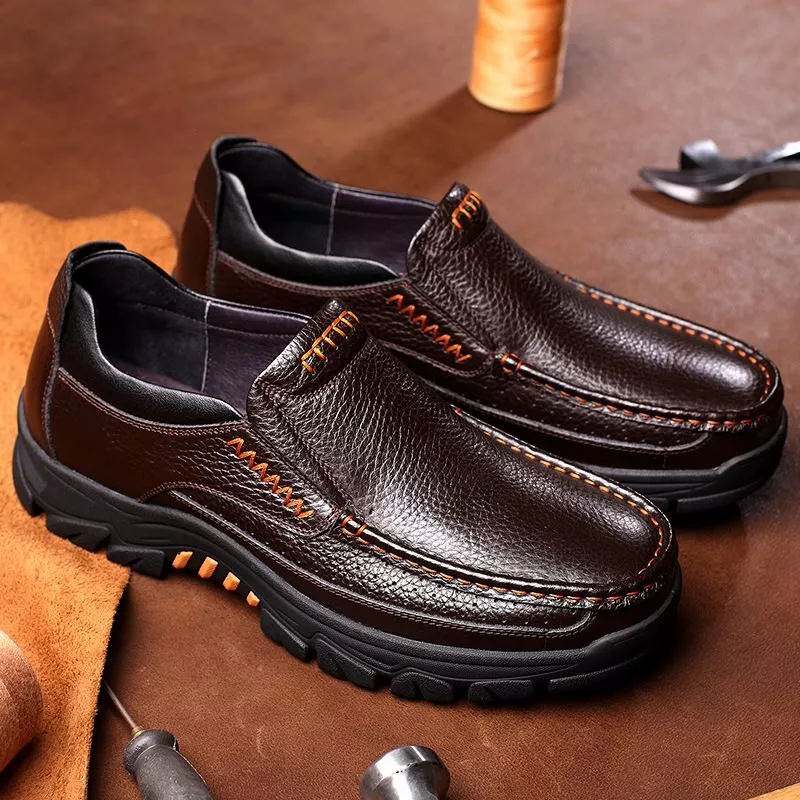 Mens Cow Leather Fashion Non Slip Slip On Casual Round Toe Oxfords