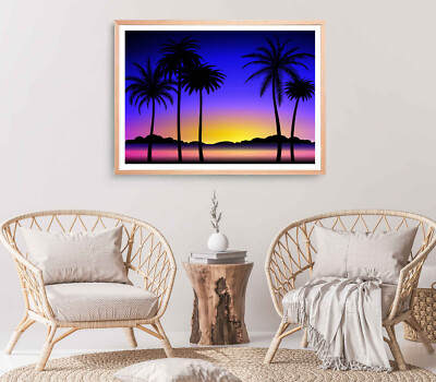 Palm Trees Print, Trees Wall Art, Sunset Sky Framed Vector Wall Art,Illustration