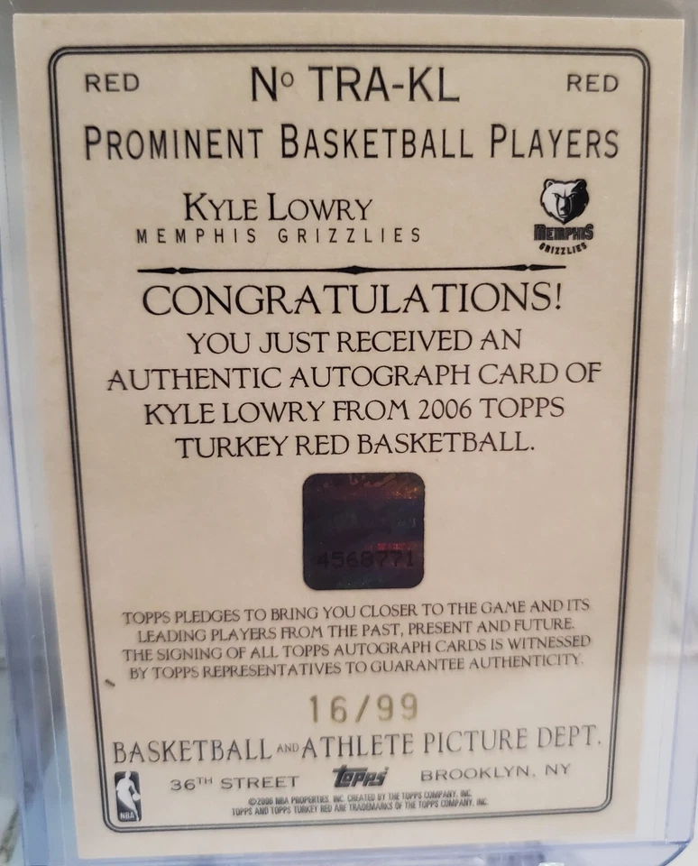 2006 Topps Turkey Red KYLE LOWRY Rookie cartão de autógrafo automático TRA-KL #/99 SP RC - Imagem 2 de 2