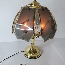 Vintage 6 Panel Smokey Gray Touch Table Lamp Light Brass Color Base Working