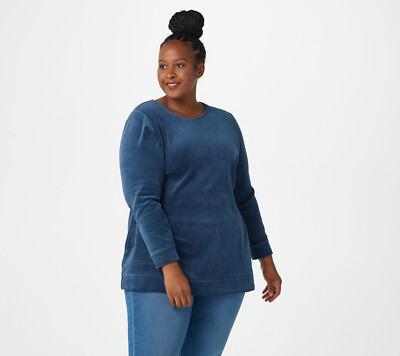 #ad #ad NEW Denim amp; Co LP Petite Velour Long Sleeve Tunic Pockets Mallard Blue QVC 6765 $24.50
