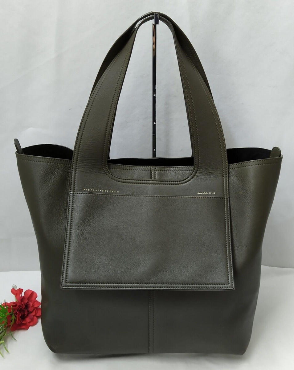 Victoria Beckham Apron Tote Olive Green Leather Double Handle Large Zipper  Bag