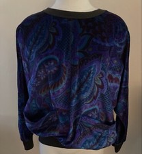 Oscar De La Renta Active Womens Purple Blue Paisley Velour Pullover Vintage Top