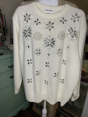 Vtg 1980 s Alfred Dunner Pullover Embellished Ivory Sweater Beads Snowflakes XL