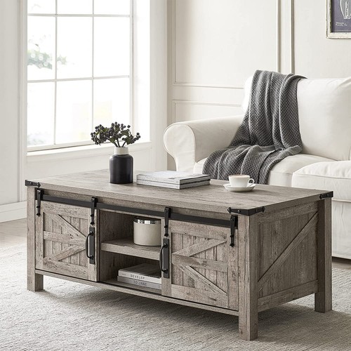 OKD Farmhouse 48 Inch Coffee Table with Sliding Barn Doors, Light Rustic Oak - Picture 7 of 8