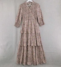 Love Olive Dress Womens Small Beige Floral Smocked Tiered Maxi Cottagecore Boho