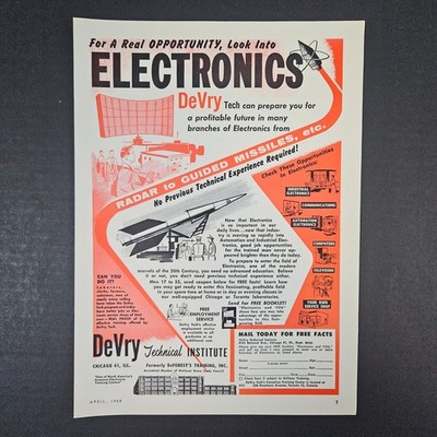 1958 DeVry Technical Institute DeForest's Training Vintage Print Ad Chicago IL