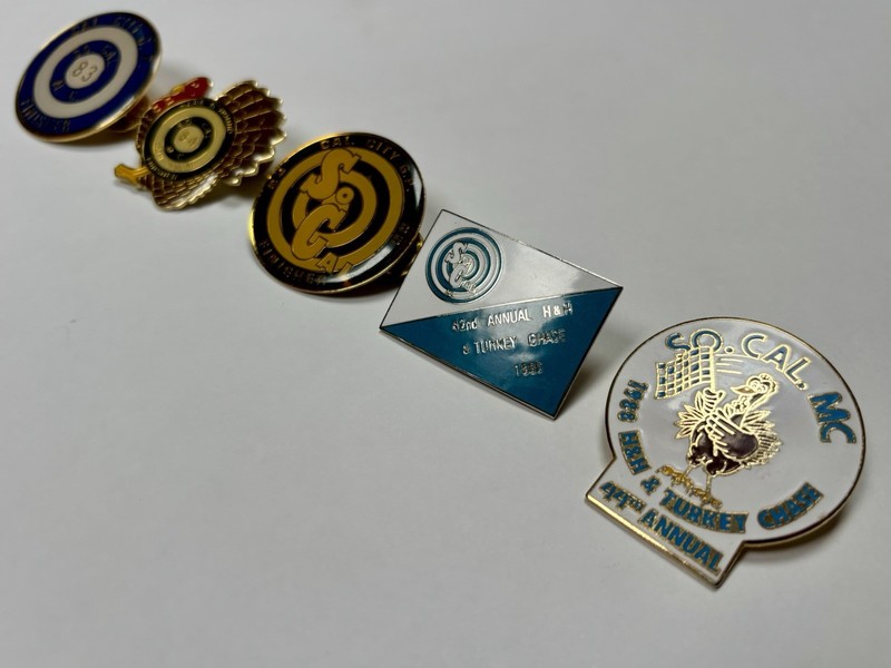Five Vintage So Cal MC Finisher Vest Pins Turkey Run H&H Motorcycle Desert Race