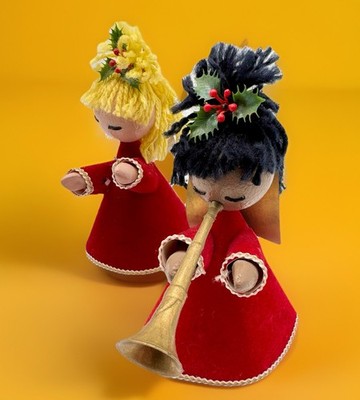 2 MCM Handmade Cardboard Cone Angels Christmas Yarn Kitsch Set Flocked Sitter