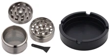 2Pc Set Small 40mm 4 Piece Grey Metal Tobacco Grinder & Black Ashtray
