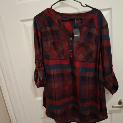 Torrid Harper Challis Pullover 3/4 Sleeve Tunic Block Plaid Red Blue 1X NWT