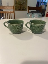 Bordallo Pinheiro Green Leaf Porcelain Coffee Cup Mug Portugal Set Of 2