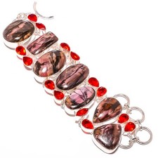 Black Manganese In Rhodonite, Garnet 925 Sterling Silver Bracelet 7-7.99" B158