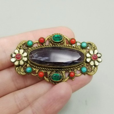 Antique Purple Green Glass Rhinestone Enamel Brooch C Clasp