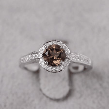 Smoky Quartz Gemstone 925 Sterling Silver Dainty Halo Ring Duty Free