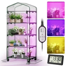Indoor Greenhouse with Grow Lights & Wheels, 4 Tier Wire Shelf PVC Tent Porta...