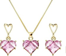 Luxury Gold Tone Pink Heart Necklace and Dangle Earrings Crystal Jewelry Set