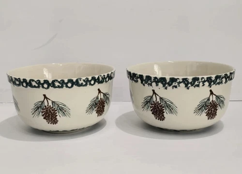 FOLK CRAFT Tienshan Pine Cone Stoneware SOUP / CEREAL BOWLS - Set of 2