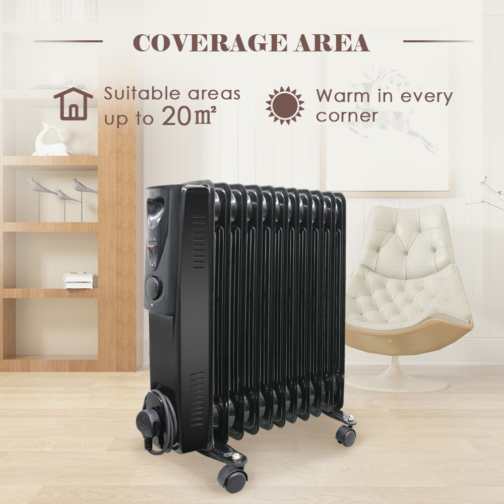Oil Filled Radiator Portable 2500W 11 Fin Electric Heater with Thermostat Black
