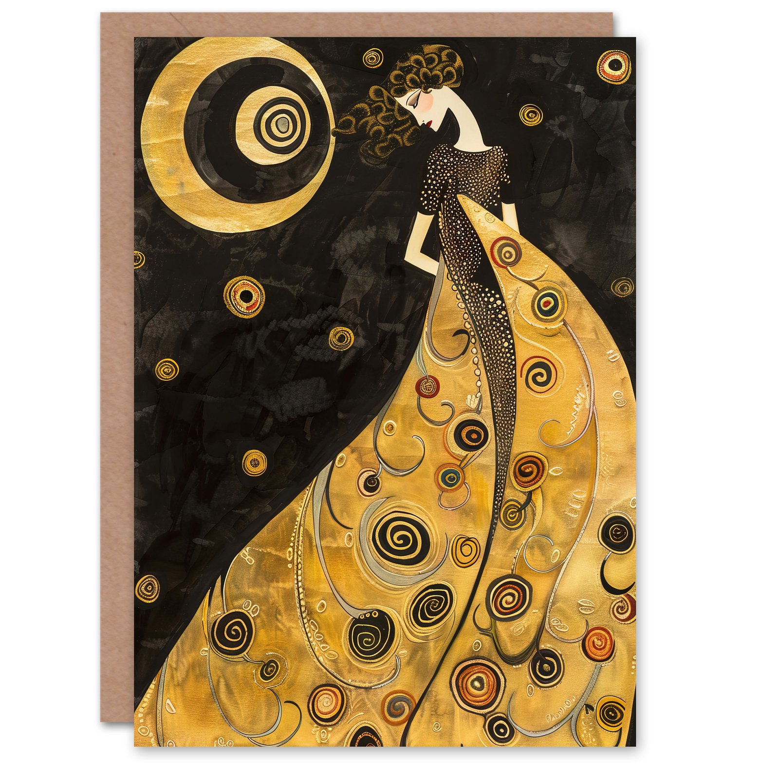 Greeting Card Moon Goddess Gold Black Klimt Style Conceptual Art Birthday