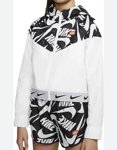 Nike Jacket Size Small Girls 6-7 Windbreaker Black White Hooded Coat Jacket - Picture 2 of 6