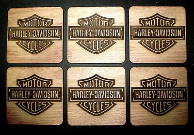 BEAUTIFUL HARLEY DAVIDSON WALNUT WOOD COASTER SET 6 PIECES