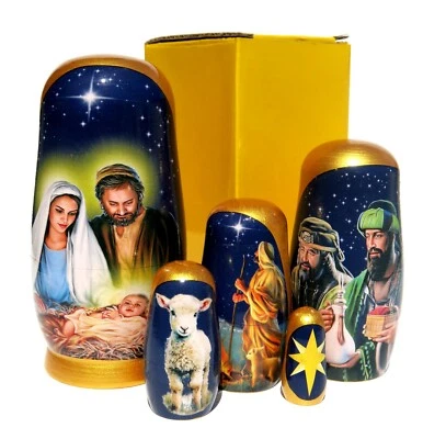 KALEA BOUTIQUE Nativity 5 PC Russian Style Nesting Dolls, Stacking Christmas Gift Nativity Eggs
