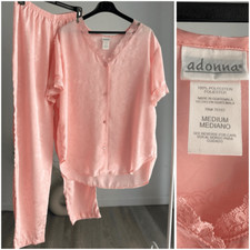 Adonna Pink Vintage Satin Pajama Set Blouse Pants Medium