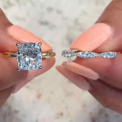3,95 TCW Kissen Moissanit Braut Set Verlobungsring 14K weiß bicolor plattiert