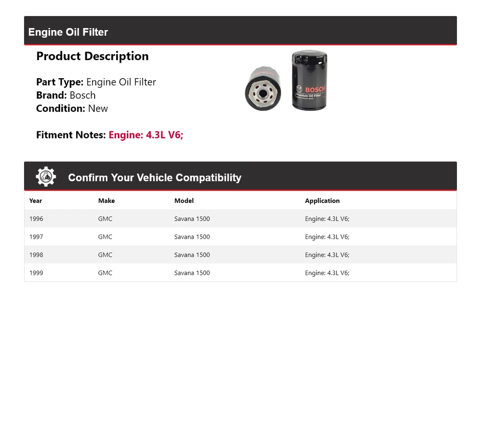 Filtro de aceite Bosch Premium 1997 1998 para GMC Savana 1500 1996-1999 4,3 L V6 Foto 2 de 3