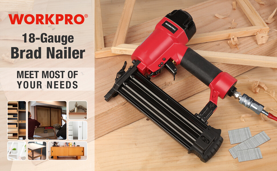 WorkPro 18-Gauge Pneumatic Brad Nailer, Compatible with 3/8” Up to 2” Nails, Depth Adjustment Nail Gun for Upholstery, Carpentry and Woodworking W181001A