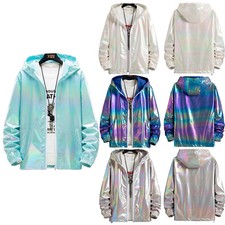 Mens Metallic Shiny Jacket Zip Up Lightweight Holographic Hoodie Windbreaker