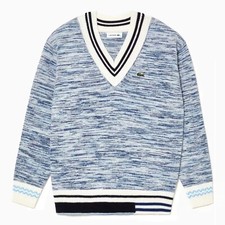 LACOSTE AF0652 Cotton Alpaca Wool Knit Contrast Stripe V-Neck Sweater Navy M 40