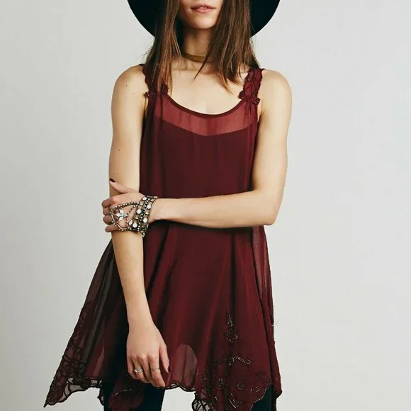 Free People 'Beads for Days' Sheer red beaded Gatsby dress, Maroon, XS