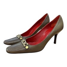 St. John Leather Heels Gold Chain Detail Brown W/ Red Lining Size 7B Made Italy