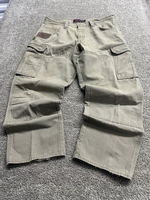 WRANGLER Riggs Workwear Pants Mens 37x29 TAN Cargo Double Knee Ripstop Canvas