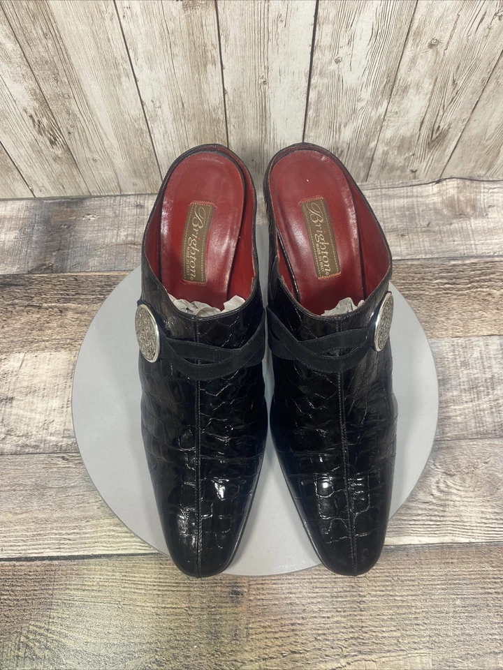 Mules de charol de cocodrilo negro vintage Brighton Romeo para mujer talla 10 M Foto 3 de 4
