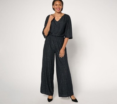 Destination 365 Petite Satin Jacquard Wide Leg Jumpsuit Black S New