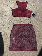 Sherri Hill Burgundy 2-Piece Sleeveless Top  Beaded Satin Skirt Set Sz 2