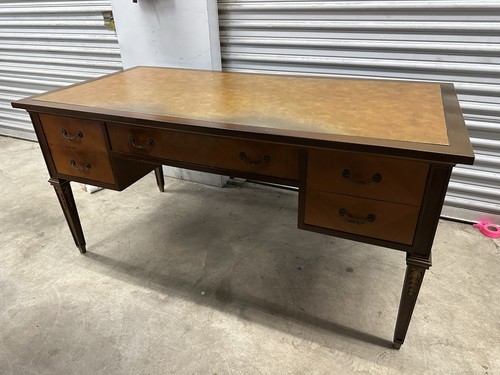 Antique Five-Drawer Gilt Embossed Leather Top Writing Desk 
