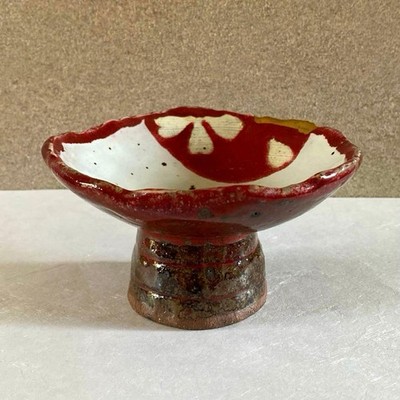 Vermilion Ceramic Sake Cup, High Stemmed, Handcrafted, Unused
