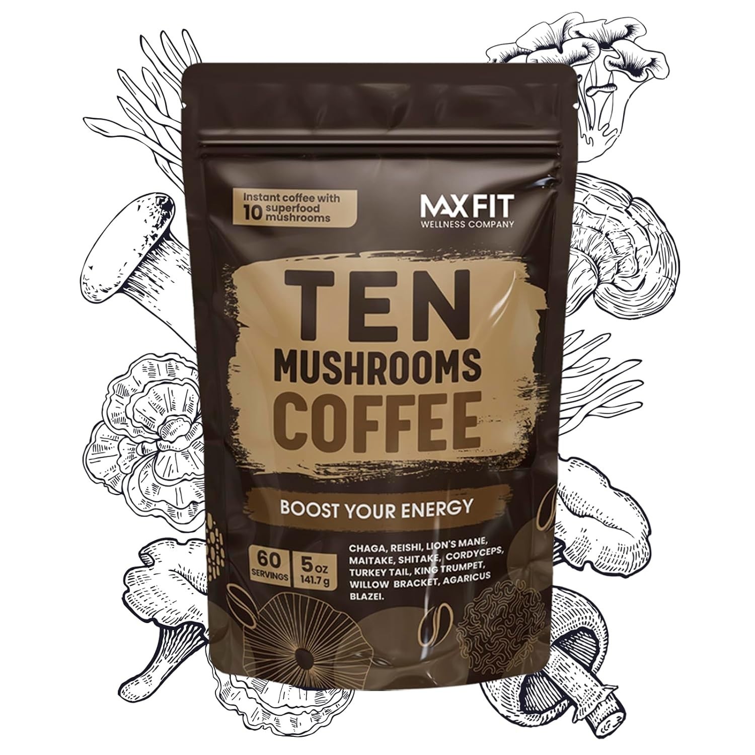 Organic Mushroom Coffee Blend with 10 Mushrooms & Arabica Beans 60 Servings