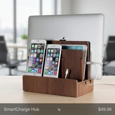 Multi Device Charging Station Walnut for Laptops Tablets Smartphones Cable Or...