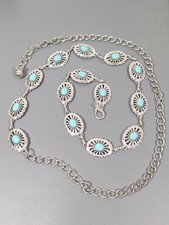 Southwestern Concho Chain Belt Blue Faux Turquoise Silver Tone 42 in