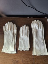 Lot of 3 Vintage Small White Dress Gloves Mid Century Embroidered Beaded 10" 11"