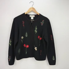 Susan Bristol VTG Embroidered Wool Cardigan Sweater S Amaryllis Full Zip Holiday