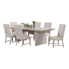 Pemberly Row 7 Pc Dining Table Set Extendable Leaf 6 Fabric Chairs in Gray Wood