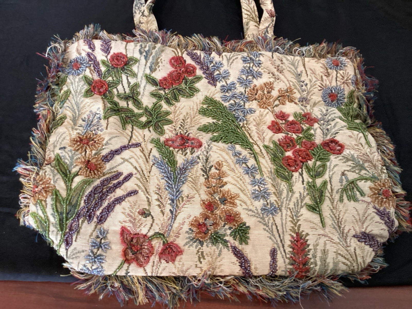 Floral & Beaded TAPESTRY PURSE Colorful Fringe Double Straps Made In India NEW